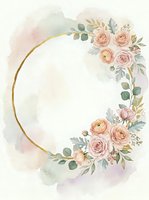 Watercolor floral wreath with gold circle frame featuring blush roses, eucalyptus leaves, and soft pastel background. Isolated design for invitations, greeting cards, and wedding stationery.
