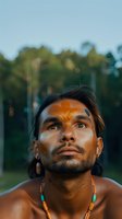 Young man with tribal face paint and beaded necklace looking upward against forest background in golden evening light. Artistic portrait captures indigenous culture.