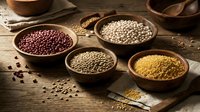Assorted legumes and grains in wooden bowls on rustic table, including red beans, lentils, and chickpeas for cooking and food preparation.