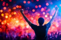 Silhouette of man with raised arms at music concert against vibrant red and blue bokeh lights and crowd background, celebrating victory and success.