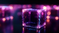 Glowing neon cube with purple and blue light effects on dark background with bokeh lights creates futuristic atmospheric composition.