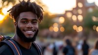 Young African American man with curly hair and beard smiling confidently outdoors during golden hour sunset, wearing casual attire with backpack against blurred bokeh background.