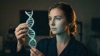 Young Caucasian female scientist examining DNA double helix model in modern laboratory for genetic research and biotechnology studies.