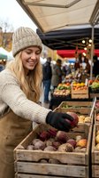 Young blonde woman in knit hat shopping for fresh vegetables at outdoor farmers market, selecting organic produce from wooden crates on autumn day.