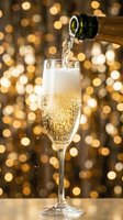 Champagne pouring into flute glass with golden bokeh lights in background, celebration and festive occasion beverage.