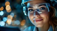 Young female engineer in protective helmet and safety glasses smiling confidently against blurred bokeh lights background in industrial setting.
