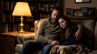 Middle-aged Caucasian father and teenage daughter sharing intimate moment on couch in cozy home library with warm lamp lighting and bookshelves.