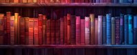 Colorful vintage books arranged on wooden shelf creating rainbow spectrum effect from red to blue, perfect for education and library concepts background.