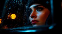 Young woman with red lipstick gazing through car window at night during rain, dramatic moody lighting with bokeh city lights creating atmospheric cinematic scene.