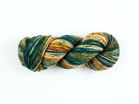 Skein of hand-dyed yarn in teal, gold, and bronze tones, isolated on white background. Suitable for knitting, crochet, and textile craft projects.