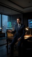 Professional male businessman in dark suit interacting with holographic compliance interface in modern office workspace. Corporate technology and digital transformation concept.