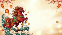 Chinese New Year horse with traditional ornaments jumping over stylized waves, red lanterns and golden coins, festive celebration background.