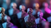 Abstract digital network of wireframe human figures with glowing neon lights and bokeh effects for technology presentations and futuristic concepts.