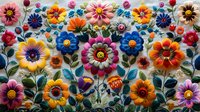 Vibrant colorful embroidered flowers in folk art style with layered petals, bright centers, and decorative leaves on light background.