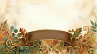 Vintage brown ribbon banner with ornamental autumn foliage, roses, and decorative scrolls on aged cream background. Suitable for invitations, labels, and design projects.
