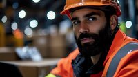 Middle Eastern warehouse worker in orange safety vest and hard hat smiling confidently in industrial storage facility with blurred lights background.