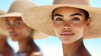 Young mixed race woman wearing straw sun hat against blue sky background, natural makeup, glowing skin, summer beauty portrait with soft lighting.