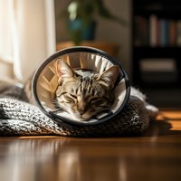 Tabby cat wearing protective cone collar resting on knitted blanket in warm sunlit home interior after veterinary treatment or surgery recovery.