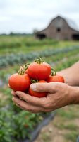 Farmer hands holding fresh red tomatoes with rustic barn and vegetable garden in background showcasing organic agriculture and farm-to-table harvest.