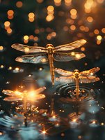 Golden dragonflies hovering over water surface with magical bokeh lights creating dreamy atmosphere for fantasy or nature concepts.