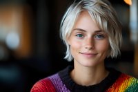 Young woman with short platinum blonde hair and fair complexion wearing a colorful rainbow striped sweater, smiling at camera in indoor setting with blurred background.