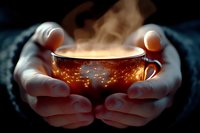 Glowing cup of hot tea held in hands against dark background, steam rising creating magical atmosphere with warm golden light shining through ceramic mug.