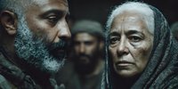 Elderly Middle Eastern couple in traditional clothing showing deep emotion and wisdom, dramatic lighting creates intimate portrait for storytelling projects.