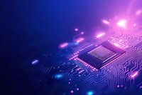 Glowing microchip on circuit board with purple and blue gradient lighting effect creates futuristic technology background for computing concepts.