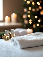 Spa massage setting with essential oils, white towels and festive Christmas lights creating cozy atmosphere for winter wellness and relaxation.