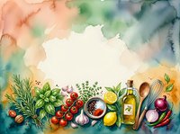 Watercolor cooking ingredients arranged on white background with fresh herbs, vegetables, olive oil, and wooden spoon for culinary design projects.