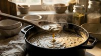 Wooden spoon drizzling batter into a black cast iron pot with simmering oil, surrounded by bowls and ingredients on a rustic kitchen counter with natural sunlight.