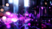 Vibrant purple and pink light reflections create dynamic abstract pattern with glowing bokeh effects on dark background, suitable for modern tech designs.