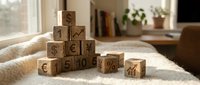 Wooden blocks with currency symbols and financial signs arranged in pyramid on soft white surface, representing investment growth and money management.
