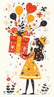 Girl in yellow dress holding red gift box with balloons and flowers bursting out, decorated with hearts and festive elements in red, orange and black colors.