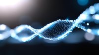 Glowing blue DNA helix structure with connected dots and particles floating on dark background, representing genetic research and biotechnology advancement.
