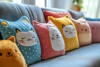 Colorful cute animal face decorative pillows arranged on gray sofa in bright living room interior for home decor and comfort.