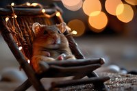 Adorable hamster relaxing in miniature lounge chair with warm fairy lights creating magical bokeh background, cozy holiday atmosphere for social media and greeting cards.