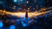 Young girl silhouette standing in magical glowing light path with sparkles and bokeh effects against dark background, dreamy atmospheric fantasy scene.