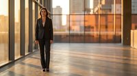 Professional woman in black business suit walking through modern office corridor with floor-to-ceiling windows overlooking city skyline at golden hour, corporate environment.