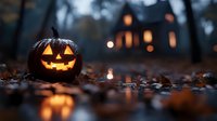 Carved Halloween pumpkin jack-o-lantern glowing on autumn ground with fallen leaves and spooky haunted house lights in blurred background for seasonal decor.