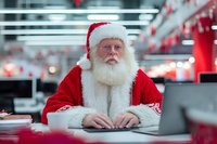 Santa Claus sitting at modern office desk in corporate workplace during Christmas season for holiday business marketing and festive workplace concepts.