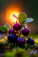 Fresh wild blueberries covered in morning dew drops against rising sun background, creating magical bokeh effect with green moss and orange glow in nature.