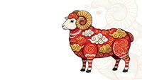 Decorative ram with ornate red and gold patterns featuring swirls and floral motifs on light background for Chinese New Year celebrations and festive designs.