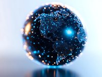 Glowing blue digital Earth globe showing Americas with network connections and light points against dark background, reflecting global connectivity and technology.