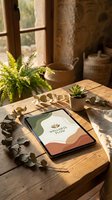 Tablet mockup on wooden desk with succulent plant, fern, and eucalyptus branches in warm sunlight from window, suitable for wellness and lifestyle branding presentations.