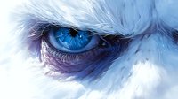 Mystical blue eye of a snow creature with white fur and purple undertones, artistic fantasy close-up illustration showing intricate detail and ethereal glow.