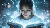 Young Asian woman reading glowing magical book with sparkles and light effects in dark atmosphere, fantasy concept for book covers and storytelling projects.