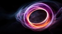 Glowing spiral ring with vibrant pink and orange light trails against dark background, creating dynamic motion effect with ethereal smoke wisps and energy flow.