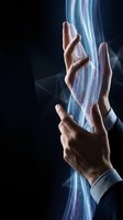 Hands of a Caucasian male professional in business attire interacting with glowing blue digital light streams, representing technology, data flow, and innovation in modern business environments.