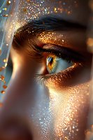 Close-up of a woman's amber eye with golden glitter makeup and long eyelashes against dark background, creating magical and ethereal beauty effect.